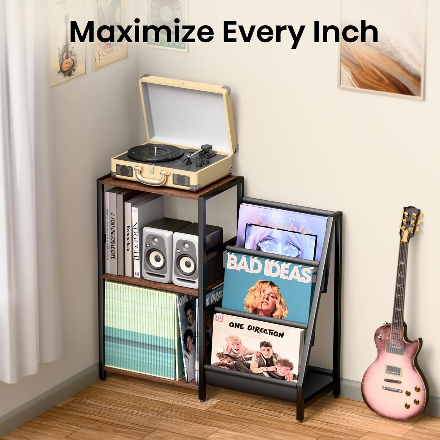 Record Player Stand, Turntable Stand with Vinyl Storage, Record Player Table Storage up to 200+ Albums, Record Player Cabinet with 3-Tier Vinyl Display, Audio Media Living Room Table