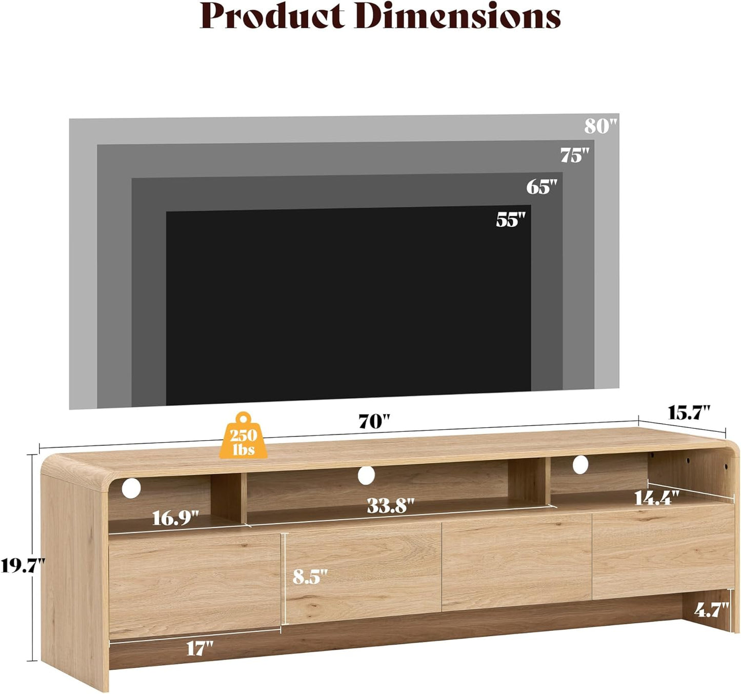 70" Modern TV Stand for Tvs up to 80", Wood TV Console with Curved Profile Design & 2 Storage Cabinets, Media Console Entertainment Center for Living Room, Natural Oak