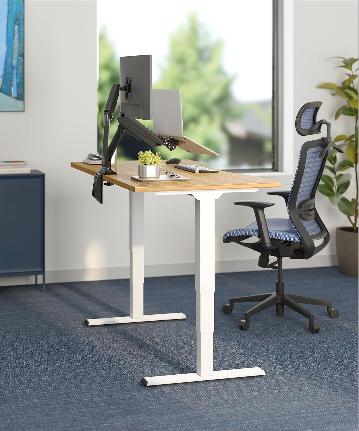 E6 Bamboo 3-Stage Dual Motor 72 X 30 Electric Standing Desk Sit Stand up Desk, Holds 220 Lbs, Adjustable Height W/ Memory Presets, Solid Bamboo Desktop & White Frame, Ships in 2 Boxes