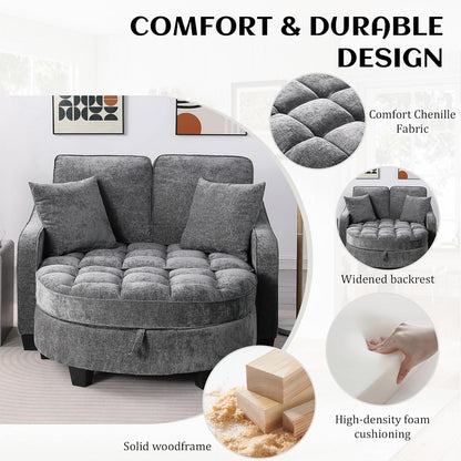 Oversized Curved Chaise Lounge Chair Indoor with Ottoman, 54.8" Cloud Boneless Reading Chair Soft Chenille Circle Couch for Living Room, Apartroom, Bedroom, Grey
