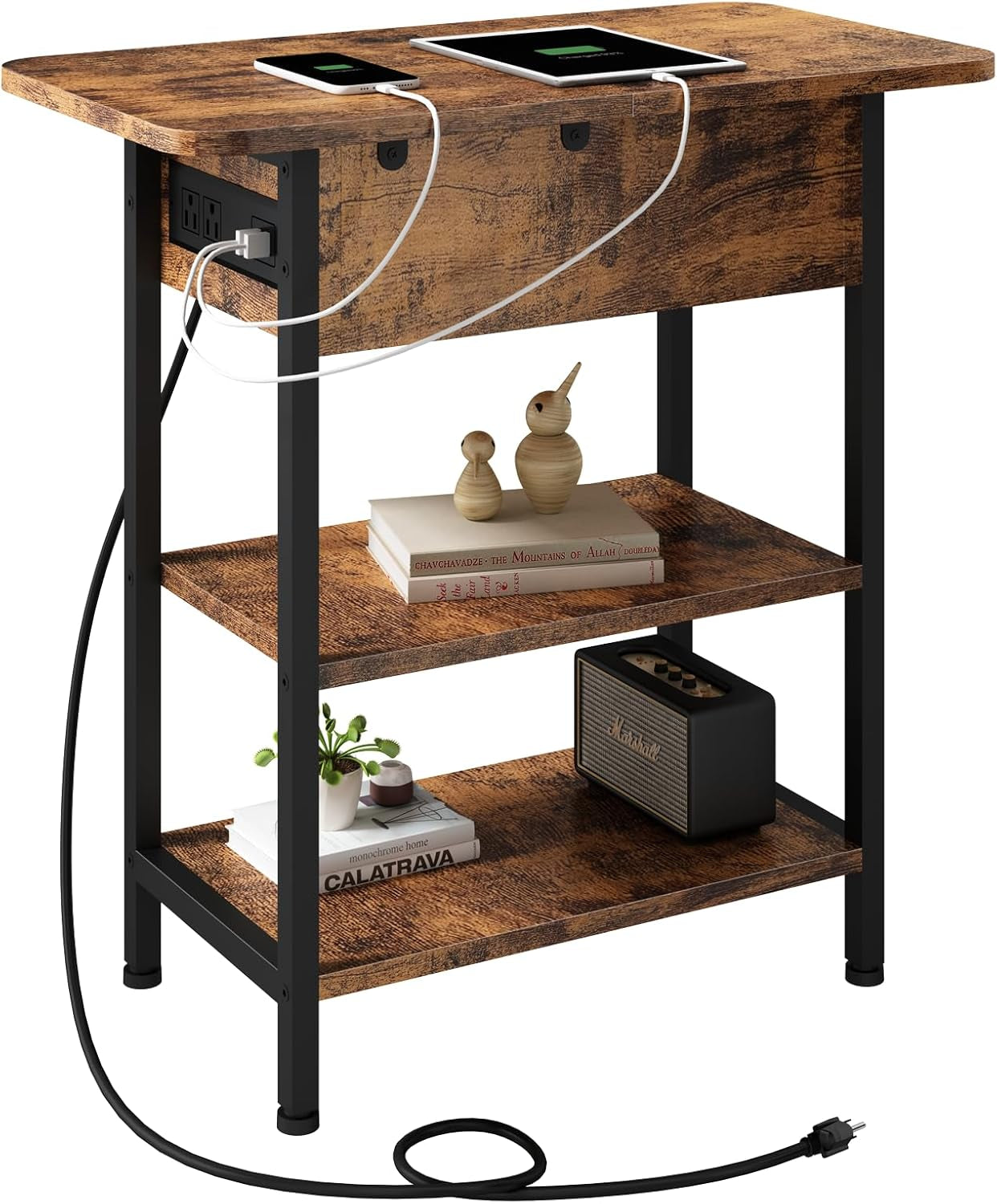 End Table with Charging Station, Flip Top Side Table with USB Ports and Outlets, Nightstand for Small Spaces, Bedside Tables with Storage Shelf for Living Room, Bedroom, Brown