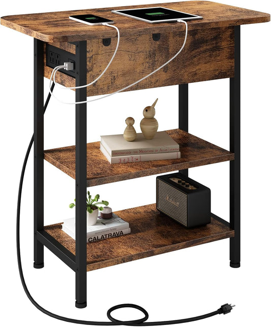 End Table with Charging Station, Flip Top Side Table with USB Ports and Outlets, Nightstand for Small Spaces, Bedside Tables with Storage Shelf for Living Room, Bedroom, Brown