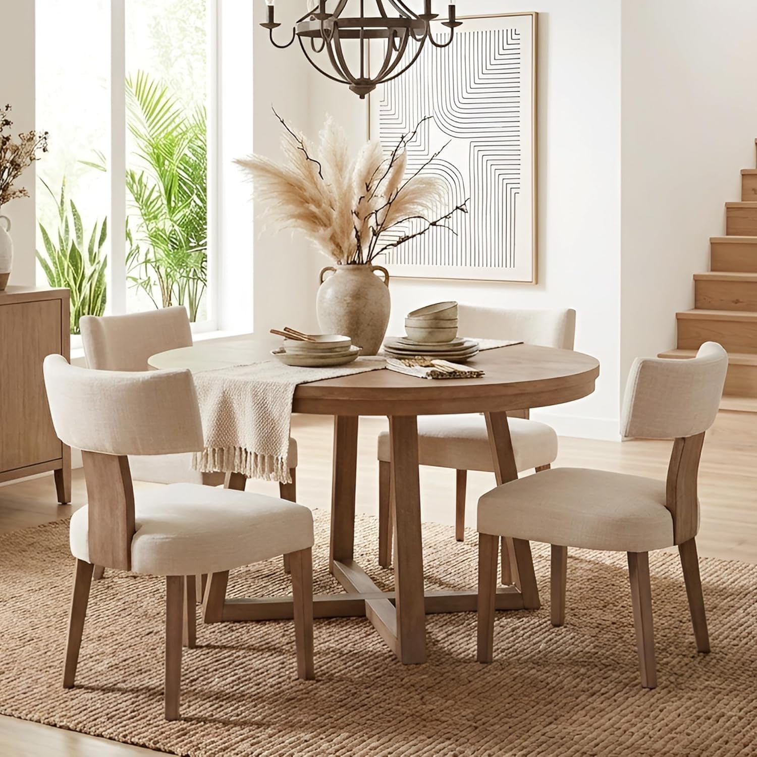 Mid Century Modern Dining Chairs Set of 4, Farmhouse Linen Fabric Upholstered Accent Curved Backrest Kitchen Chairs, with Hardwood Frame, Beige