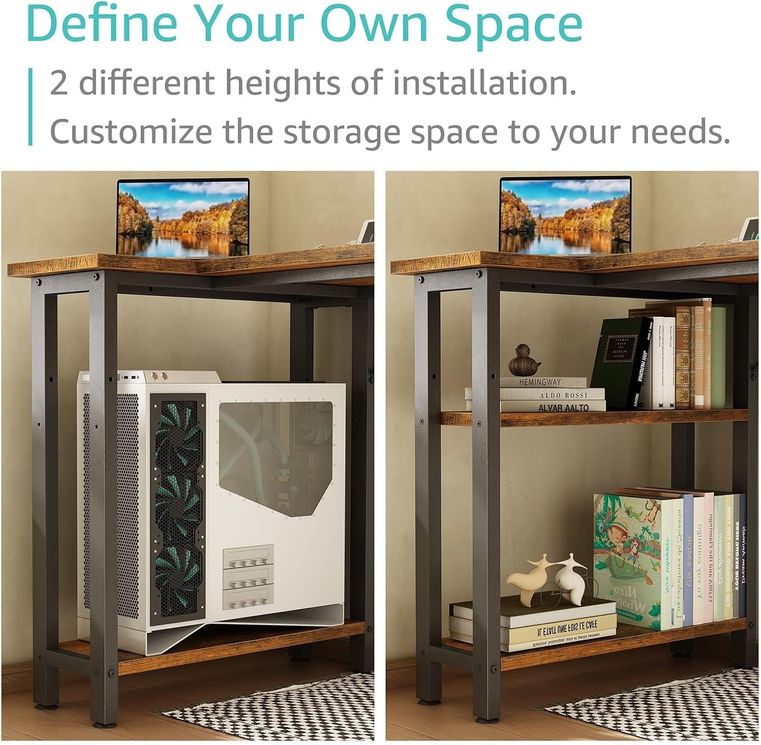 Small L Shaped Desk with Power Outlet Shelves, 40 Inch Reversible Corner Desk for Small Space Home Office, L-Shaped Computer Desk PC Desks with Charging Station, Rustic Brown