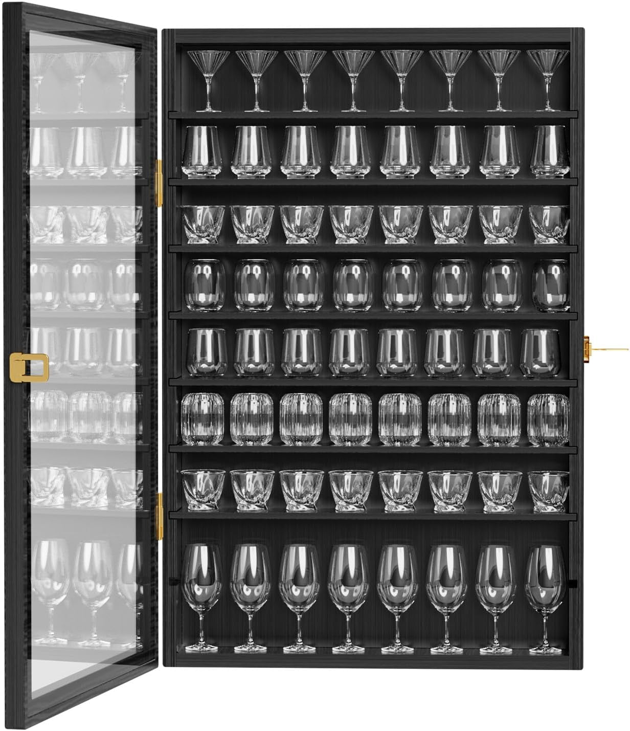 Shot Glass Display Case 72 Large Capacity Wooden Shot Glass Holder Wall Mounted Shadow Box Bar Cabinet with Acrylic Lockable Door and Removeable Shlves, 26.85"X17.5" X 3.35", Black