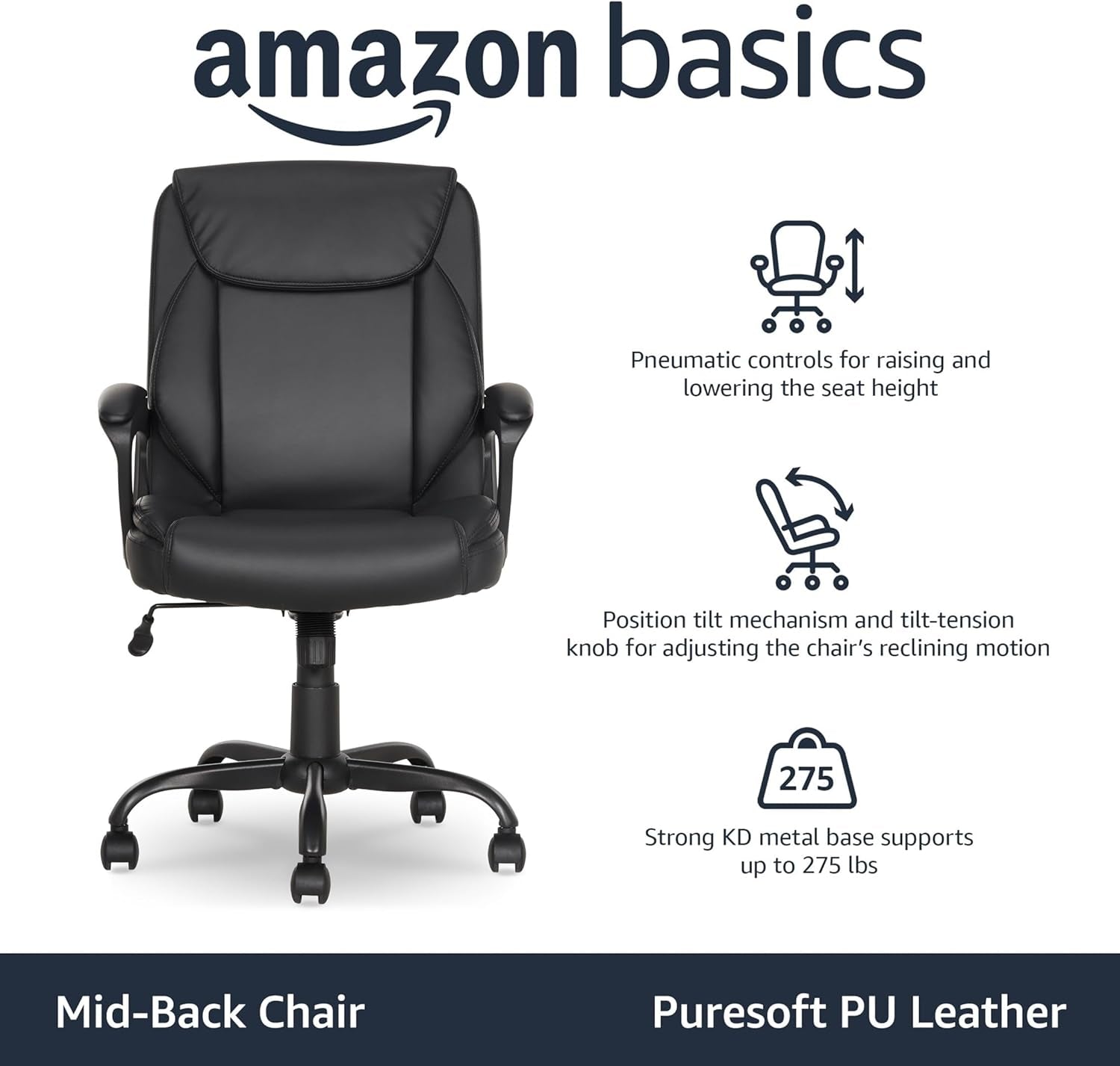 Classic Puresoft PU Padded Mid-Back Office Desk Chair with Armrest, Easy Assembly, Sturdy Metal Base, Wheels, 275Lb Support, 26"D X 23.75"W X 42"H, Black