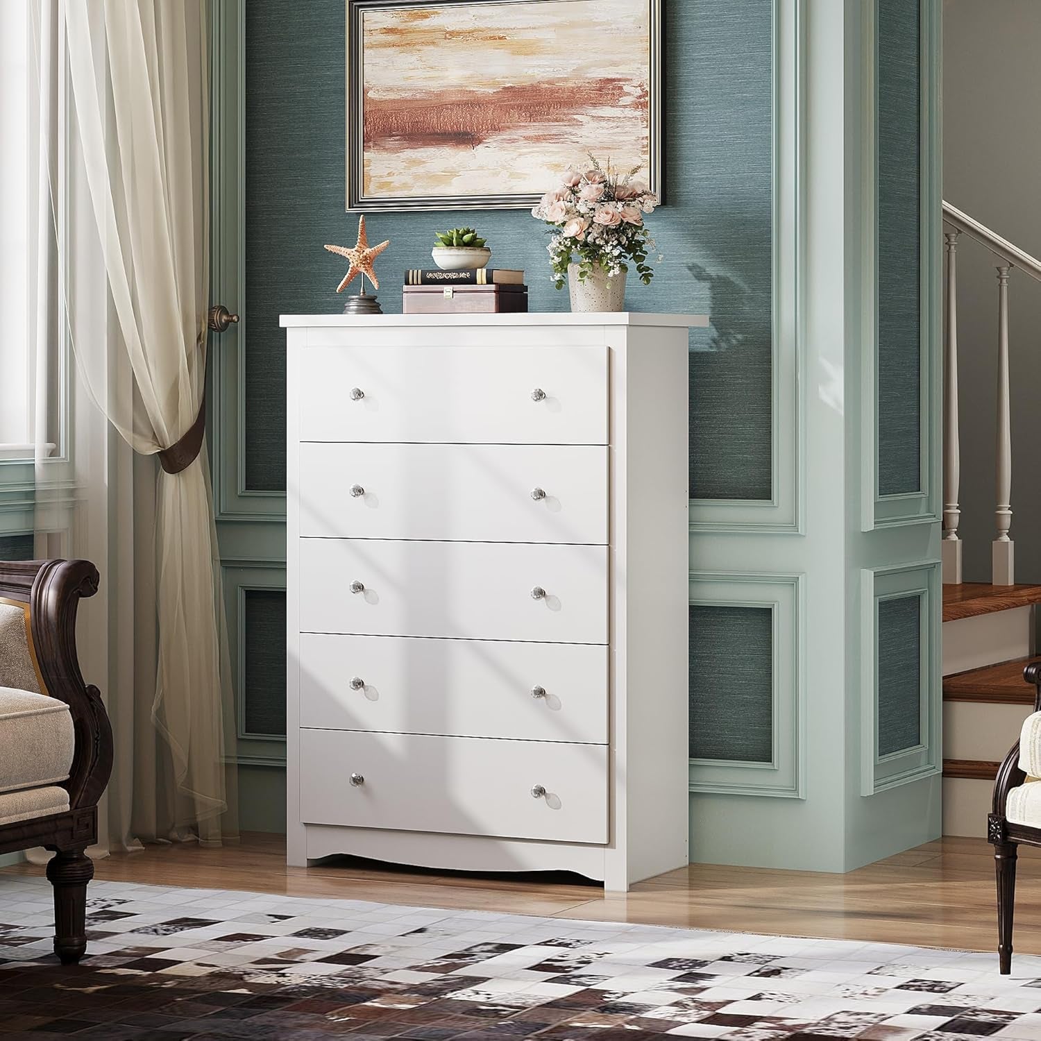 White 5 Drawer Wood Dresser, Wooden Chest of Drawers for Bedroom, Storage Cabinet and Organizer Drawers for Living Room, Hallway, Closet, Measuring 15.75" W*31.50" D*45.35" H