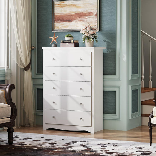 White 5 Drawer Wood Dresser, Wooden Chest of Drawers for Bedroom, Storage Cabinet and Organizer Drawers for Living Room, Hallway, Closet, Measuring 15.75" W*31.50" D*45.35" H