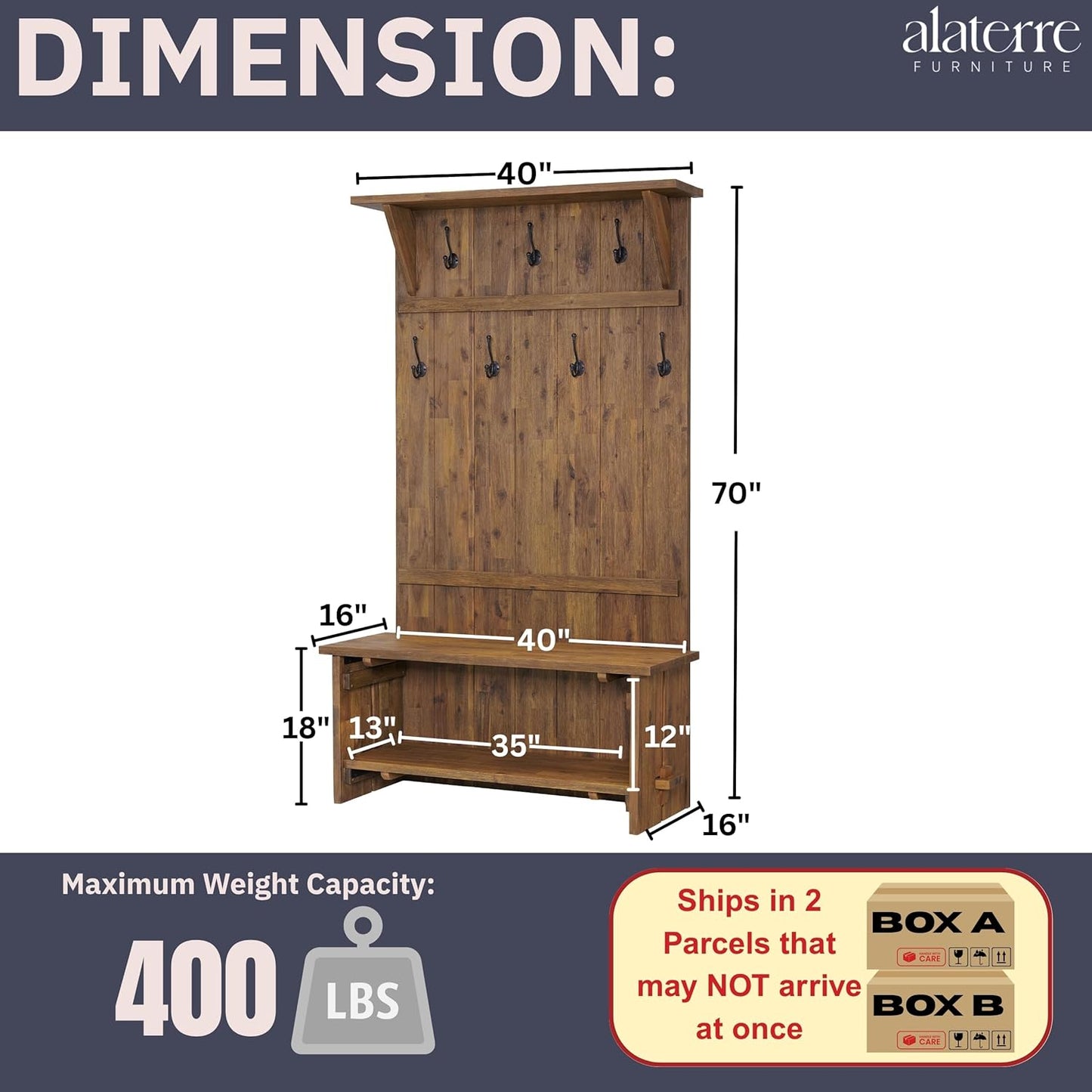 Bethel 70-Inch Acacia Wood Hall Tree with Bench, Storage Shelves & Metal Coat Hooks – Entryway Organizer for Mudroom, Hallway, or Kitchen (Natural Aged Brown Finish)