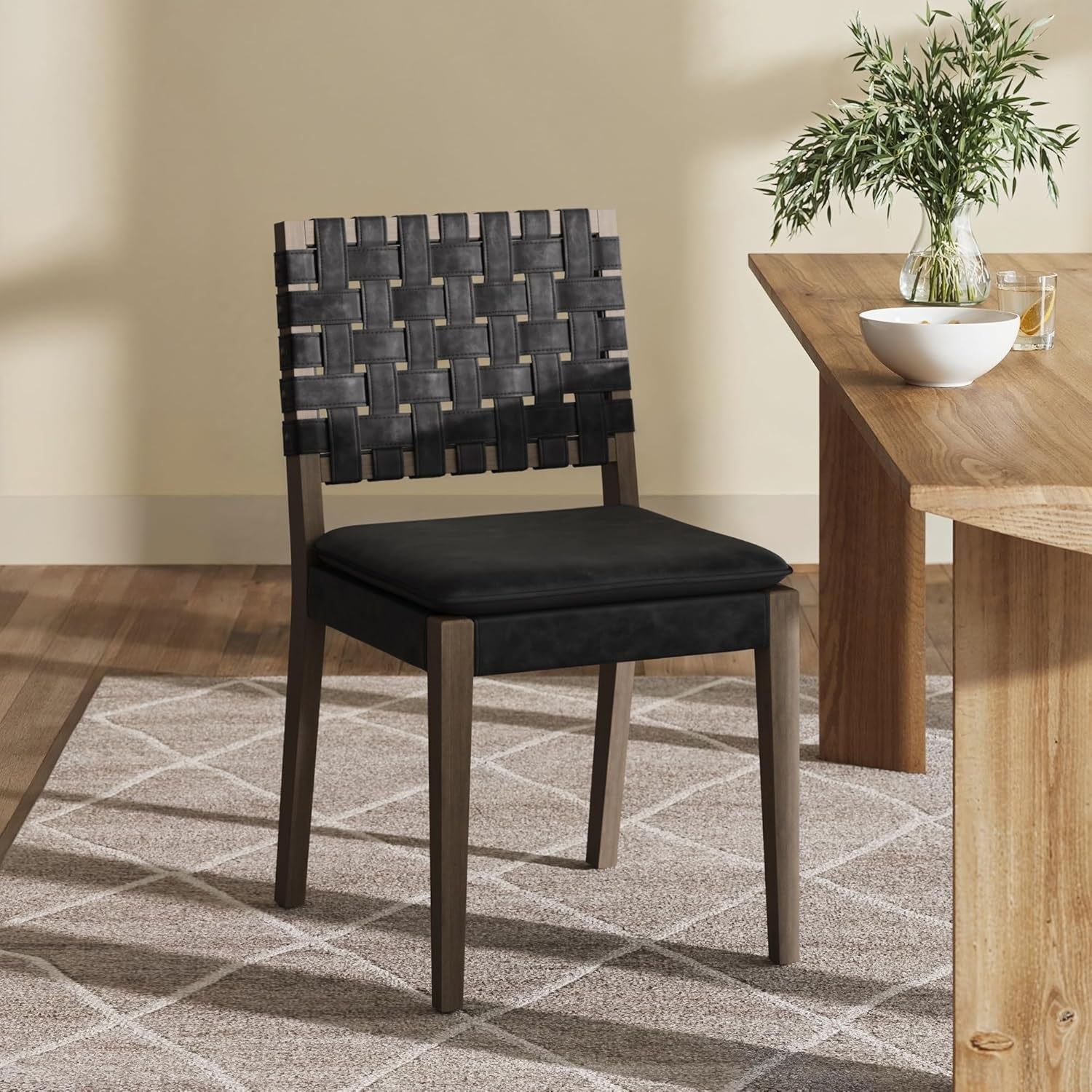 Cohen 19 In. Wood Dining Chair, Mid-Century Modern Upholstered Side Chair with Hand Woven Faux Leather Backrest, Black