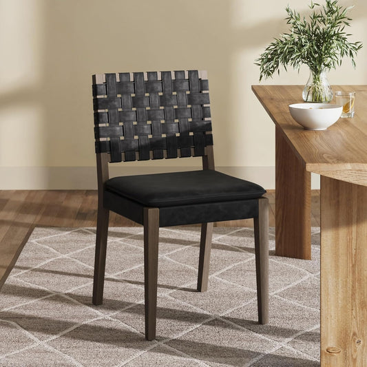 Cohen 19 In. Wood Dining Chair, Mid-Century Modern Upholstered Side Chair with Hand Woven Faux Leather Backrest, Black