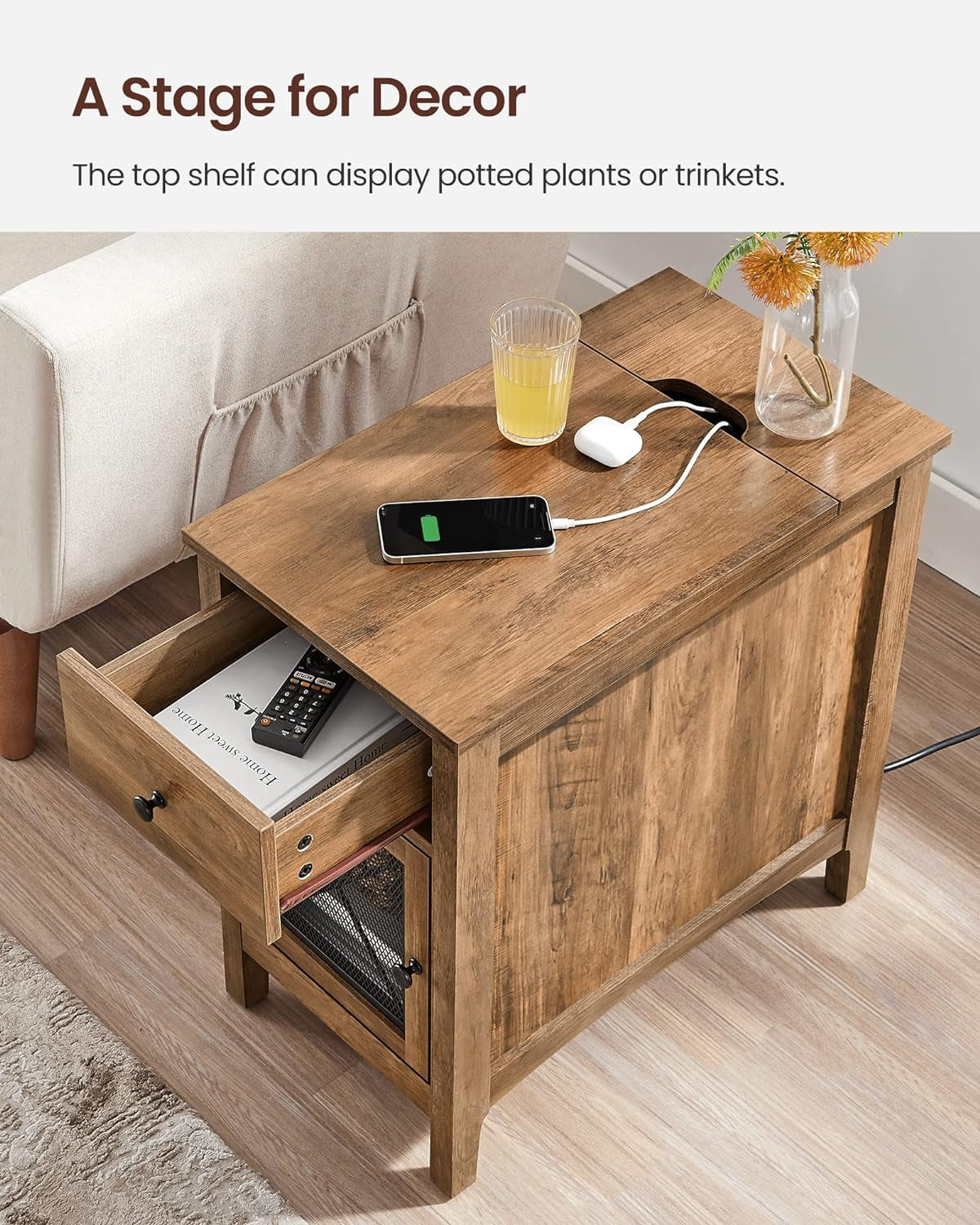 Side Table with Storage, End Table with USB Ports and Outlets, Nightstand with Charging Station, Drawer, Storage Cabinet, Magazine Rack, for Living Room, Bedroom, Rustic Walnut ULET312T41