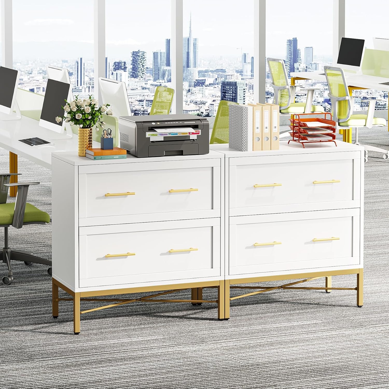 Modern White 2 Drawer File Cabinet, Lateral Filing Cabinet for Letter/Legal/A4 Size, Wood File Storage Cabinets Printer Stand with Storage for Home, Office, White and Gold