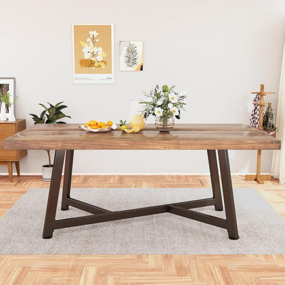 71" Farmhouse Solid Wood Dining Table for 4 6 8 People, Rustic Large Wooden Kitchen Table Rectangular Hardwood Top with Steel Leg X-Base, Home Office Kitchen Furniture, Oak