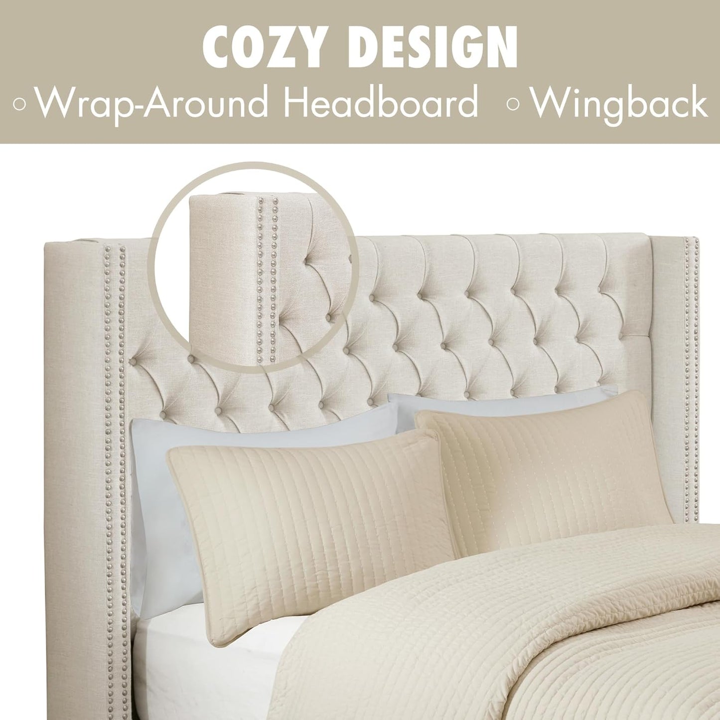 Amelia Upholstered Headboard | Nail Head Trim Wingback Button Tufted | Queen, Cream