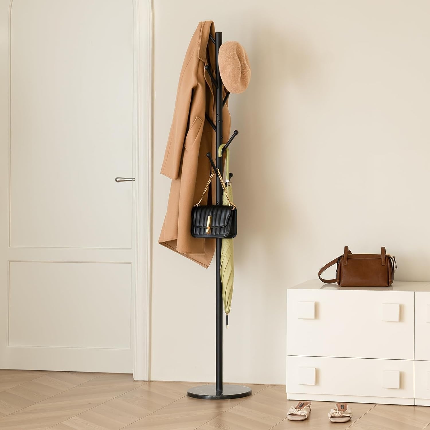 Coat Rack Freestanding with Natural Marble Base - Coat Tree with 8 Hooks Heavy Duty Coat Hanger Stand, Metal Coat Rack Stand for Jacket, Hat, Clothes & Bag, Hall Tree Hat Rack for Entryway