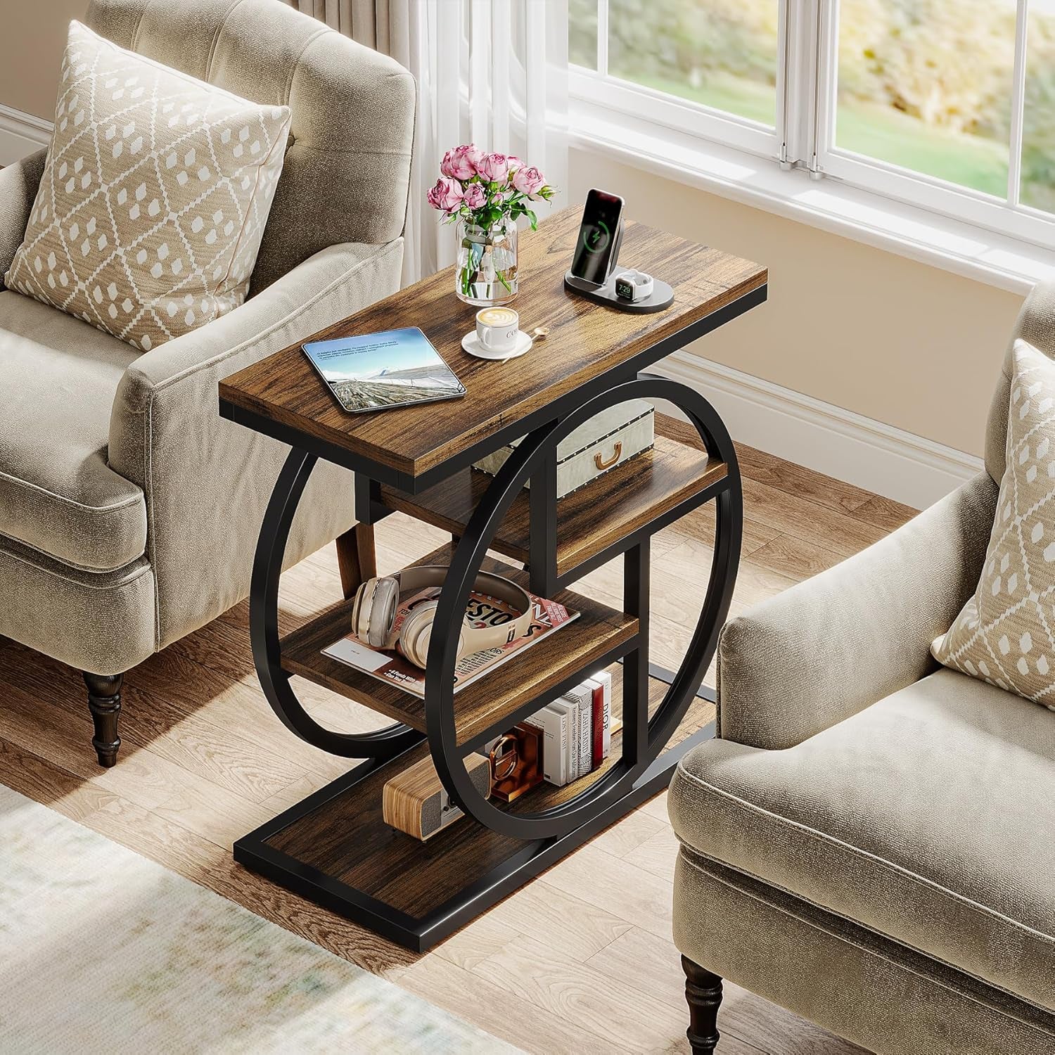 End Table for Living Room, 4-Tier Narrow Side Table with Storage Shelves, Industrial Bedside Table for Bedroom, Wood Small Sofa Side Table with Geometric Metal Frame (1 PC, Rustic Brown)