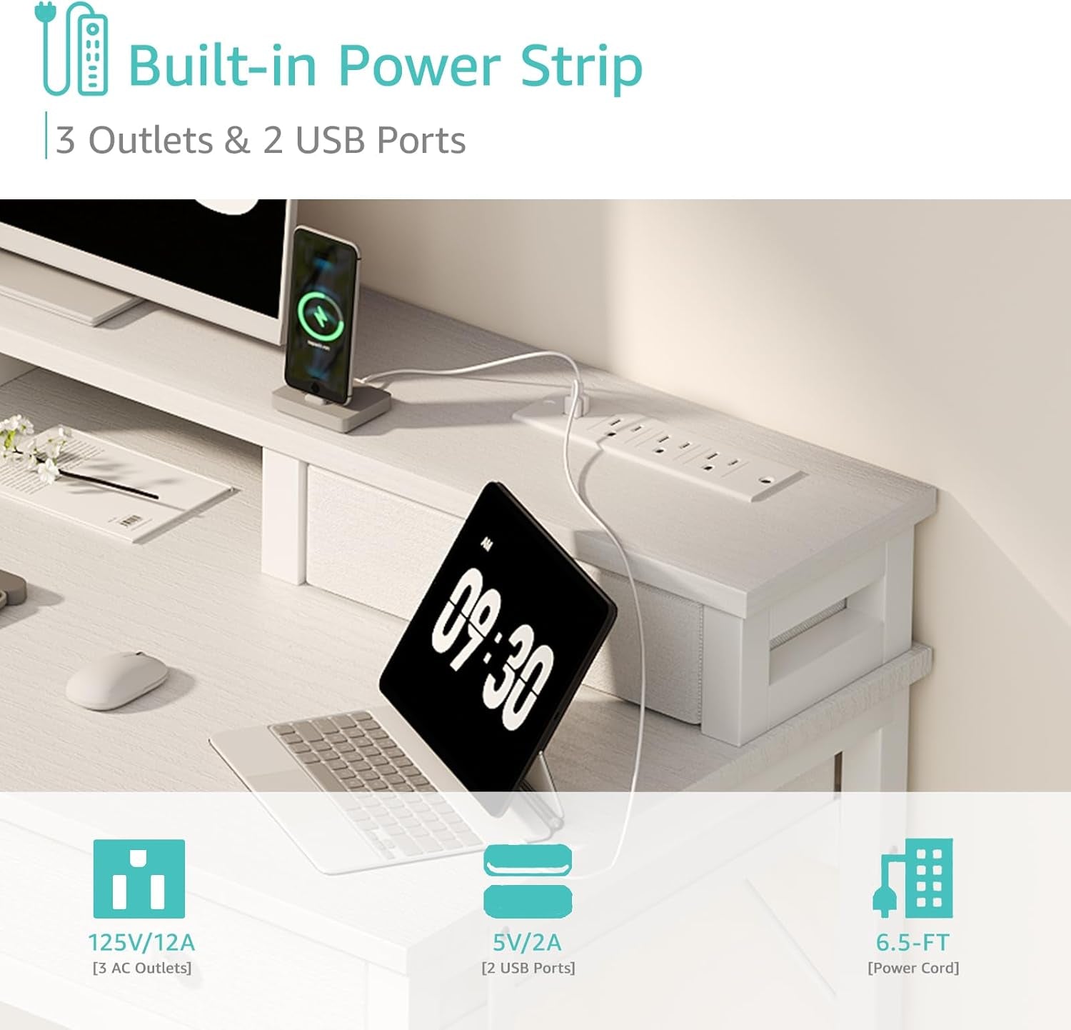 White Computer Desk with Fabric Drawers for Home Office, 40 Inch Vanity Makeup Desk with Drawers Storage for Bedroom, Writing Study Table with Power Outlet & Monitor Stand, White