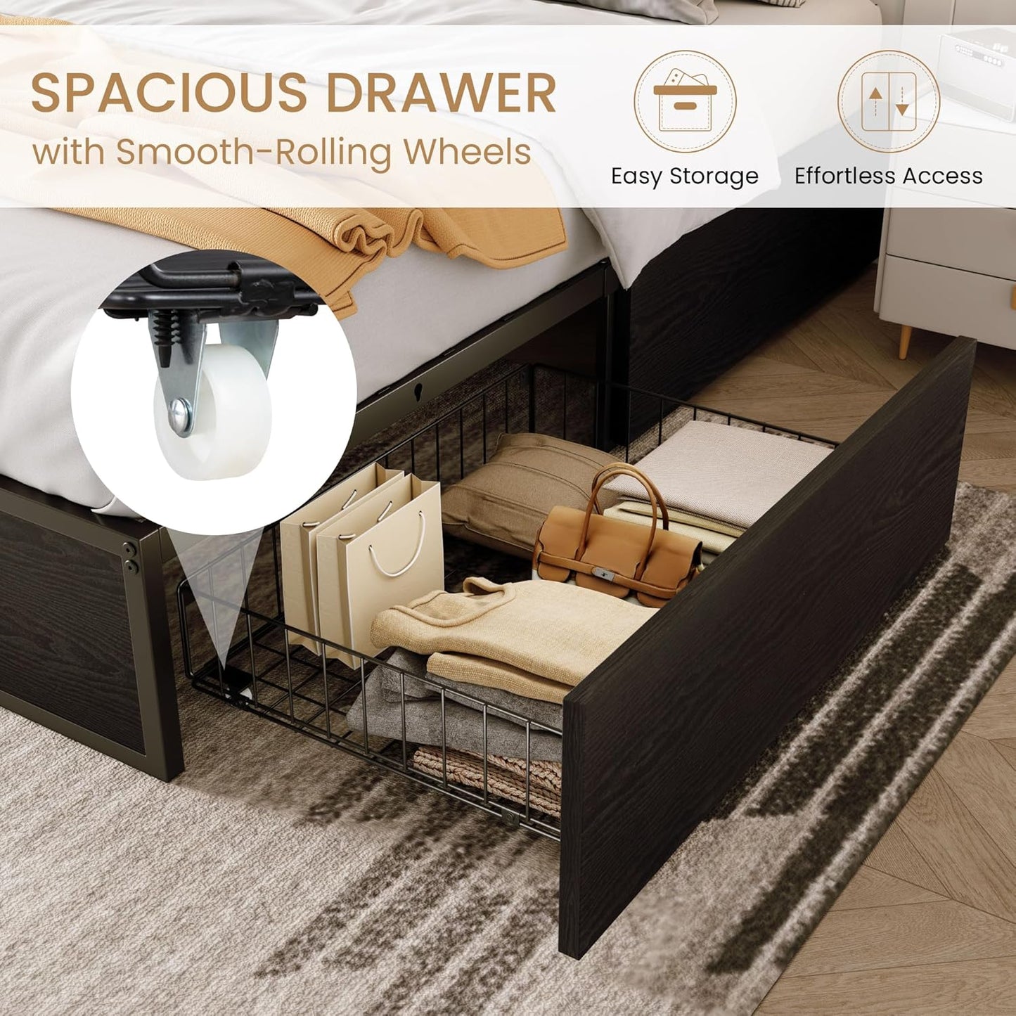 Queen Platform Bed Frame with 2 Large Storage Drawers, Rustic Wood and Metal, Noise-Free, Easy Assembly, No Box Spring Needed, Black