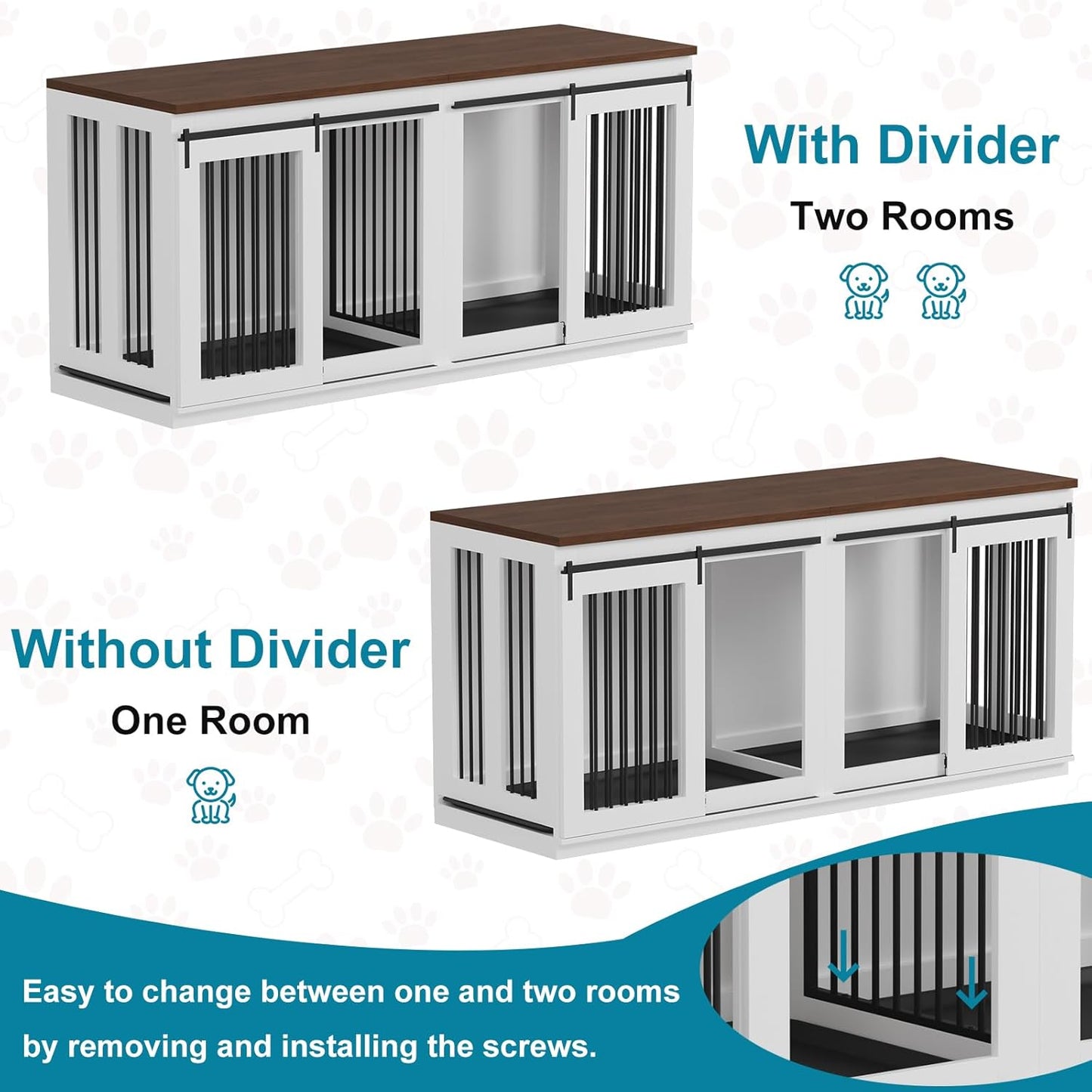 71'' Dog Crate Furniture for 2 Dogs, Wooden Double Dog Crate Large Breed with Cushion, XXL Indoor Dog Kennel Tv Stand End Table with Divider for Large Medium Dogs