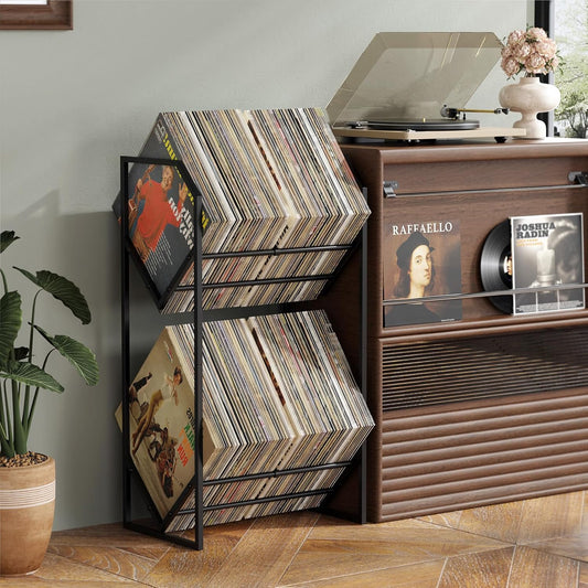 Vinyl Record Storage Rack, 2-Tier Vinyl Record Stand 200 Lps, Reinforced Design Album Display Shelf for Records Storage and Holder, Metal Records Rack Organizer (2 Tier)