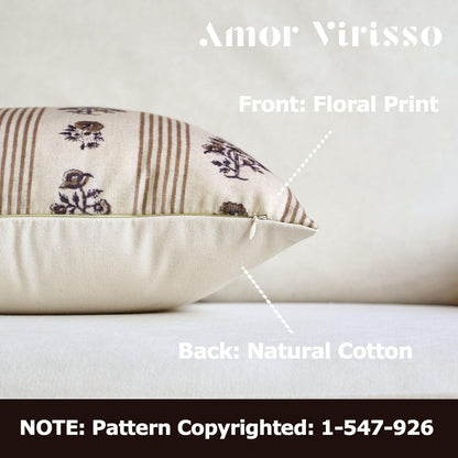 Floral Throw Pillow Covers 18X18 Set of 2 Block Print Pillow Covers Neutral Floral Striped Farmhouse Decorative Pillow Covers for Sofa Couch Bed, Brown
