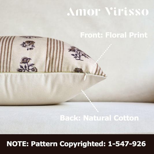 Floral Throw Pillow Covers 18X18 Set of 2 Block Print Pillow Covers Neutral Floral Striped Farmhouse Decorative Pillow Covers for Sofa Couch Bed, Brown