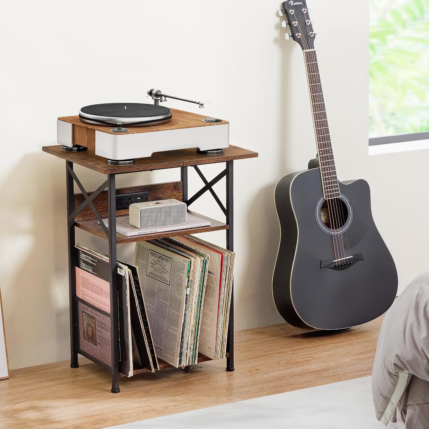 Record Player Stand with Charging Station, Large Turntable Stand with Storage Cabinet, 3 Tier End Table Hold up to 100 Albums, Record Stand for Vinyl, Living Room, Brown, HETCD012BR-1