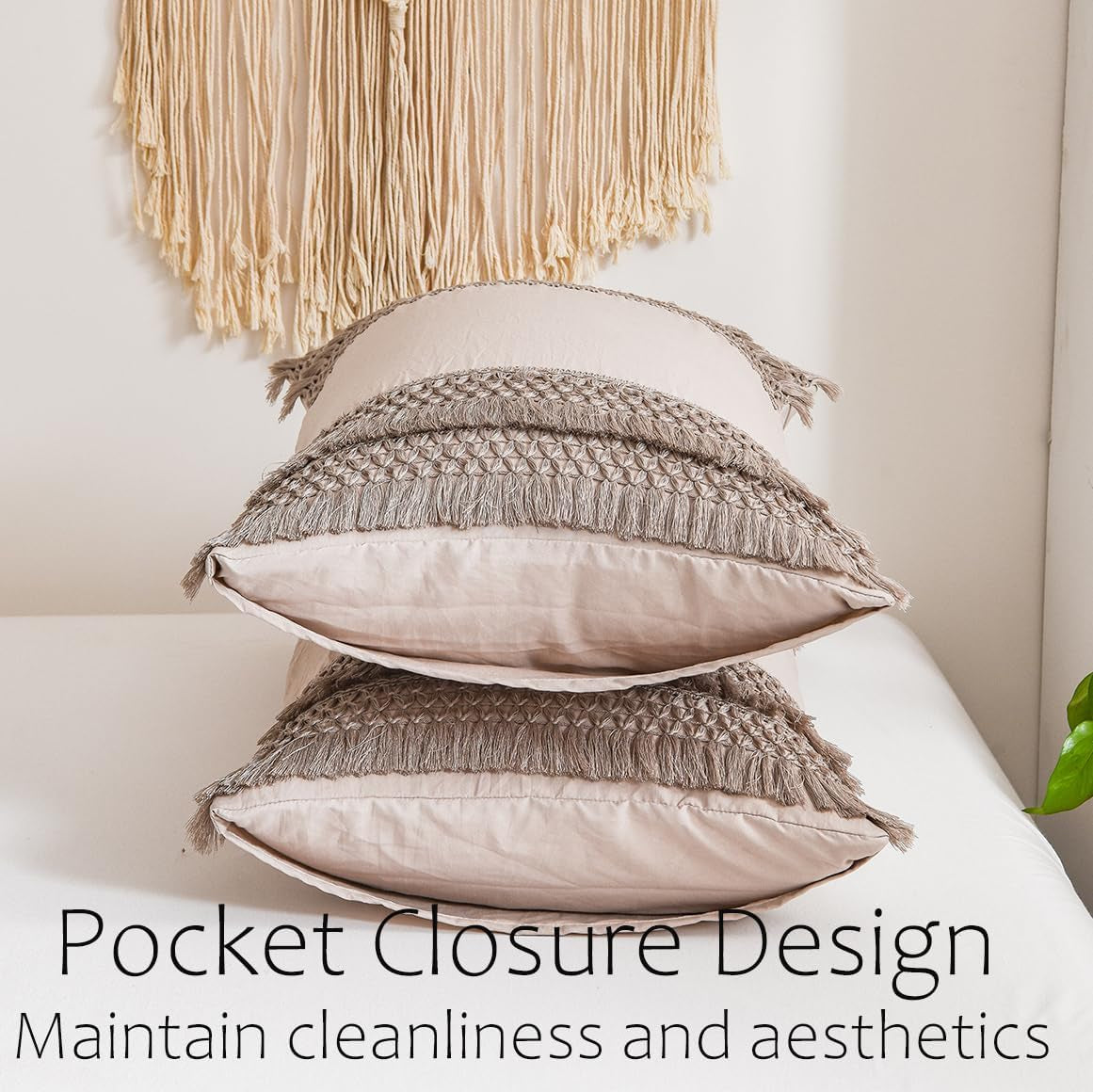 Taupe Pillowcases, Khaki Macrame Tassel Pillow Cases Set of 2, Soft Washed Microfiber, Taupe Decor Tassel Boho Pillow Cover, 2 Pack (King, Taupe Tassel)