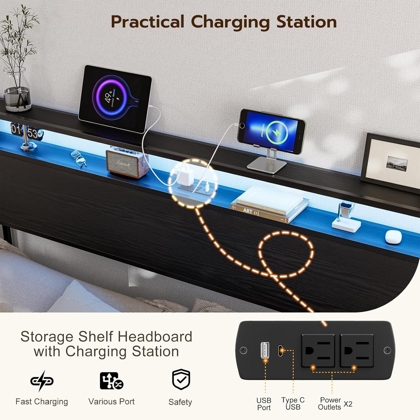 King Size Storage Headboard with LED Lights & Charging Station - Industrial Metal and Wood King Headboard Only for Bedroom, Attach Frame, Easy Assembly - Black