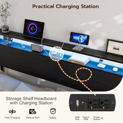 King Size Storage Headboard with LED Lights & Charging Station - Industrial Metal and Wood King Headboard Only for Bedroom, Attach Frame, Easy Assembly - Black