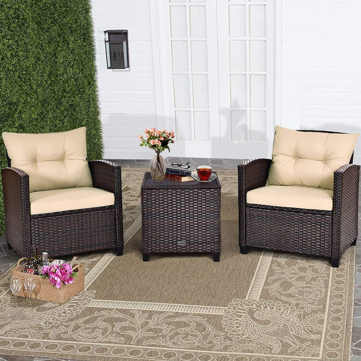 3PCS Patio Furniture Set, PE Rattan Wicker Sofa W/Washable Cushion and Coffee Table, Tempered Glass Tabletop, Outdoor Conversation Set for Balcony, Porch, Yard, Backyard, Lawn, Beige