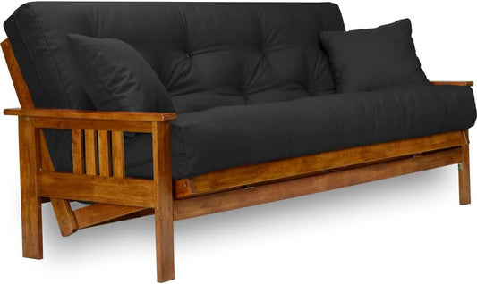 Stanford Futon Set - Queen Size, Frame, 8" Mattress, Twill Black Cover