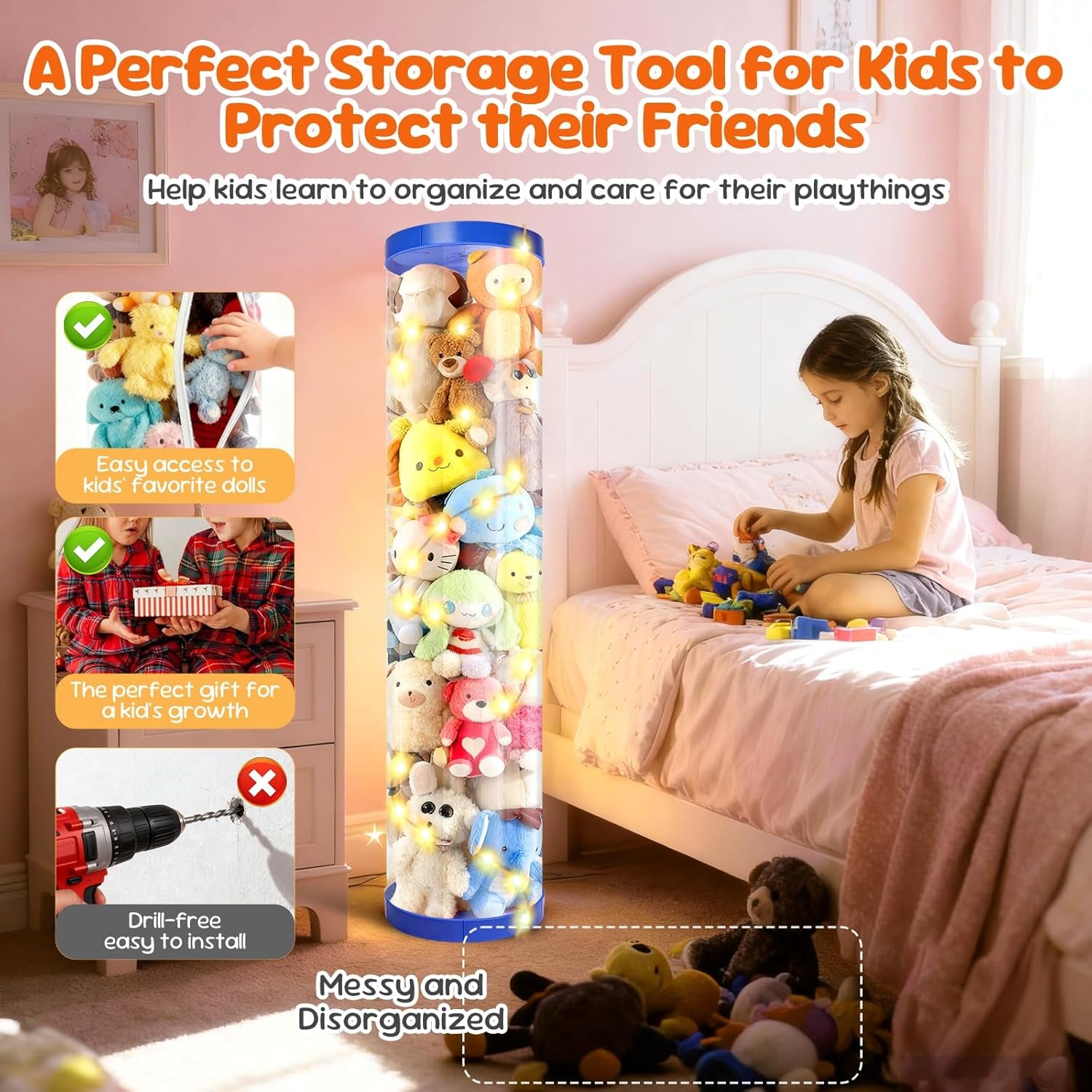 2 Pack Stuffed Animal Storage Tube - Clear 60 Inch Large Vertical Toy Organizer, PET Transparent Display Holder for Plushies, Kids Stuffed Animals Zoo for Playroom, Living Room, Bedroom