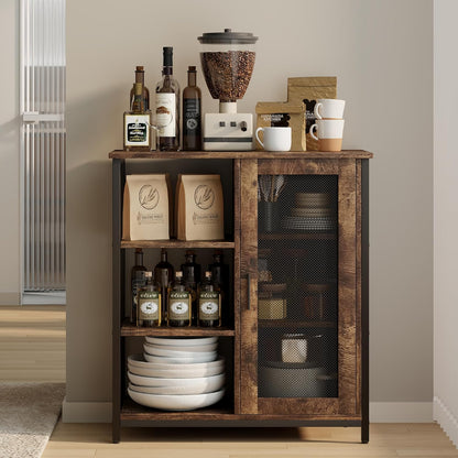 Mini Coffee Bar Cabinet with Storage, 27.5'' Small Kitchen Bar Table, Cute Corner Bar Cabinet for Tea, Buffet Sideboard Cabinet for Dining Room, Farmhouse Coffee Station for Wine (Brown)