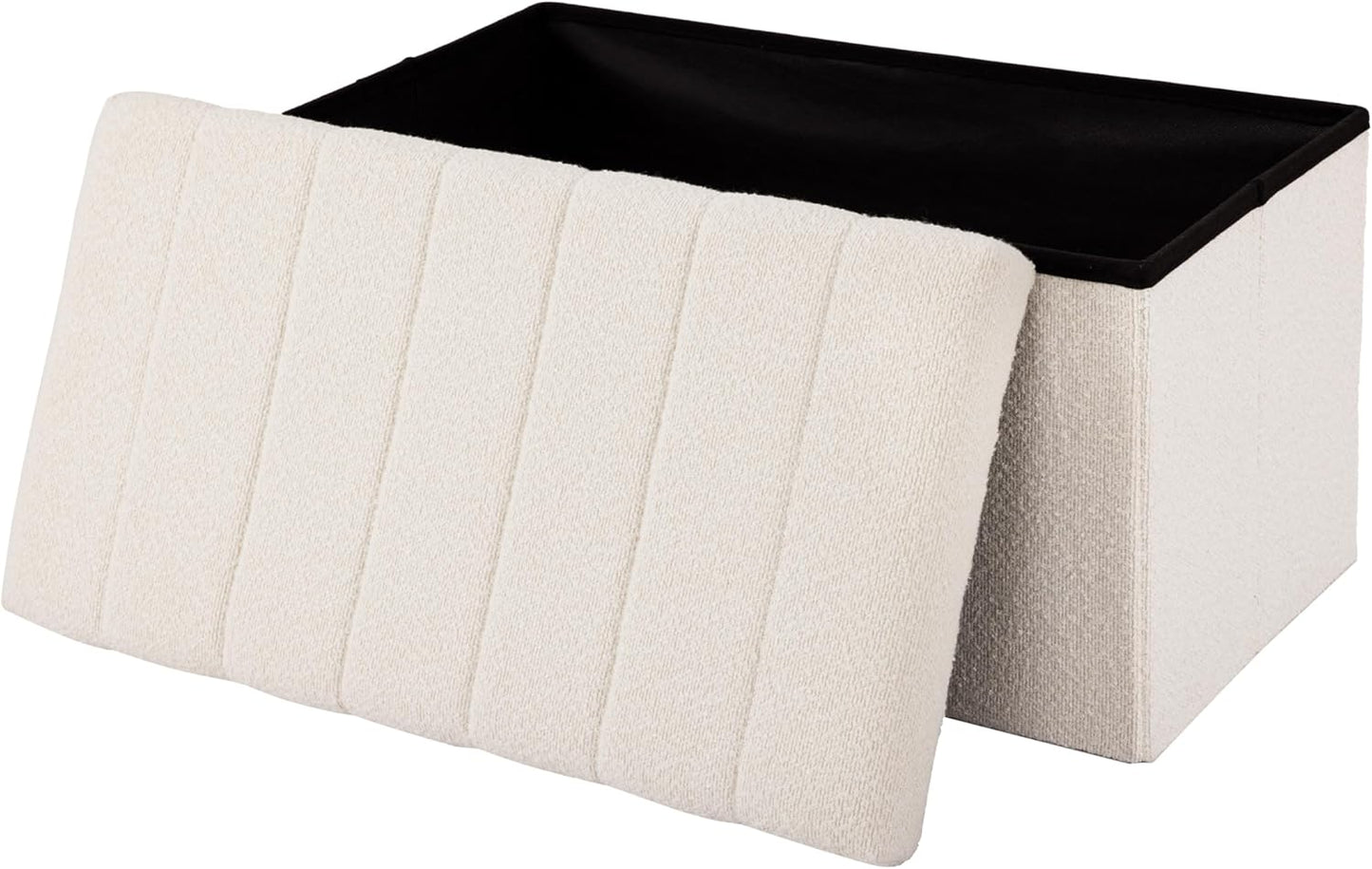 Cushioned Fabric Ottoman Hidden Storage Chest Footrest Chair, Padded Seat for Bedroom, Dorm, Loft, Living Room, Entryway, Hallway, White Boucle, 30" Bench