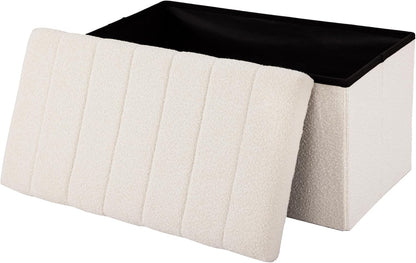 Cushioned Fabric Ottoman Hidden Storage Chest Footrest Chair, Padded Seat for Bedroom, Dorm, Loft, Living Room, Entryway, Hallway, White Boucle, 30" Bench