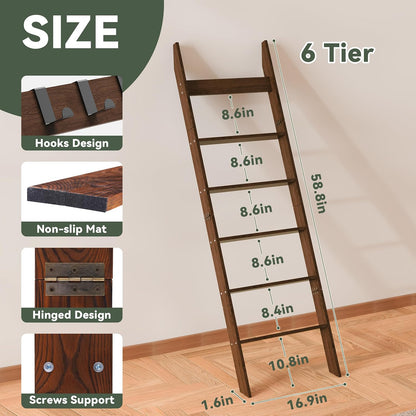 6-Tier Blanket Ladder for Living Room, 5.6FT Pine Wood Quilt Rack with 4 Anti-Slip Straps and 4 Removable Hooks, Lightweight, Easy Assembly, Hinged Design, Farmhouse Decorative Shelf