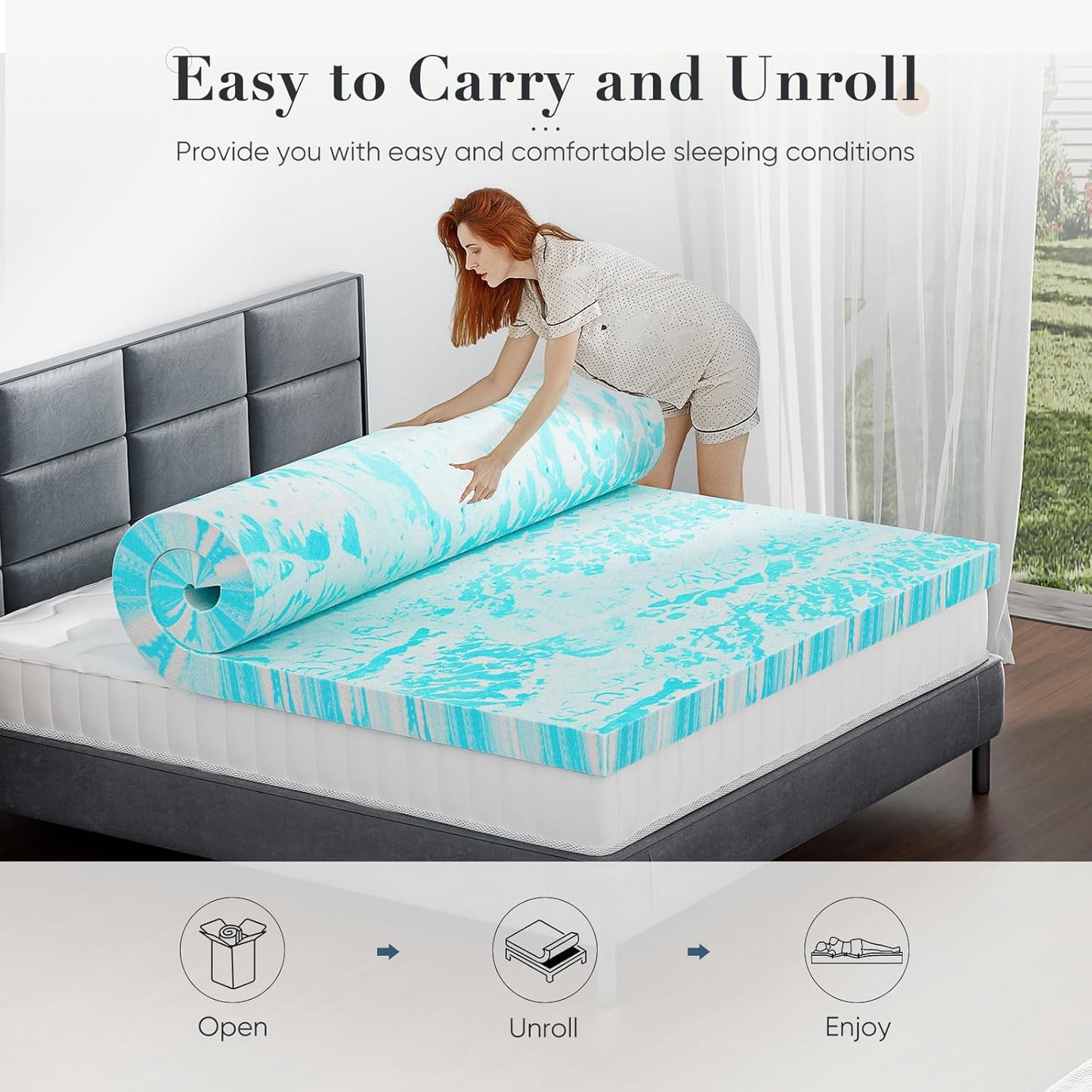 Memory Foam Mattress Topper Queen, 3 Inch Thick Gel Infused Bed Toppers for Queen Size Bed, Soft Mattress Pads Breathable for Sleeper Sofa, RV, Camper, Certipur-Us Certified, Blue