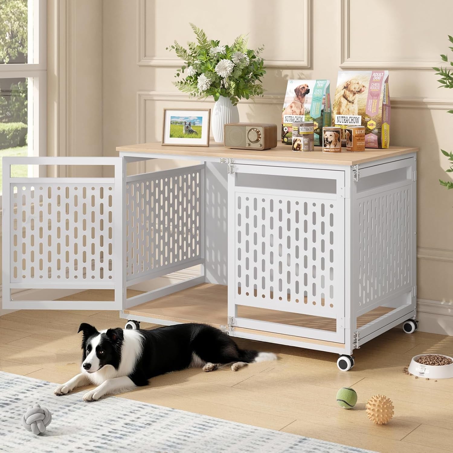40.1" Dog Crate Furniture for Medium and Large Breed, Decorative Dog Kennel Indoor with Lockable Wheels, Heavy Duty Wooden End Side Table Pet Cage, Chew-Resistant, White