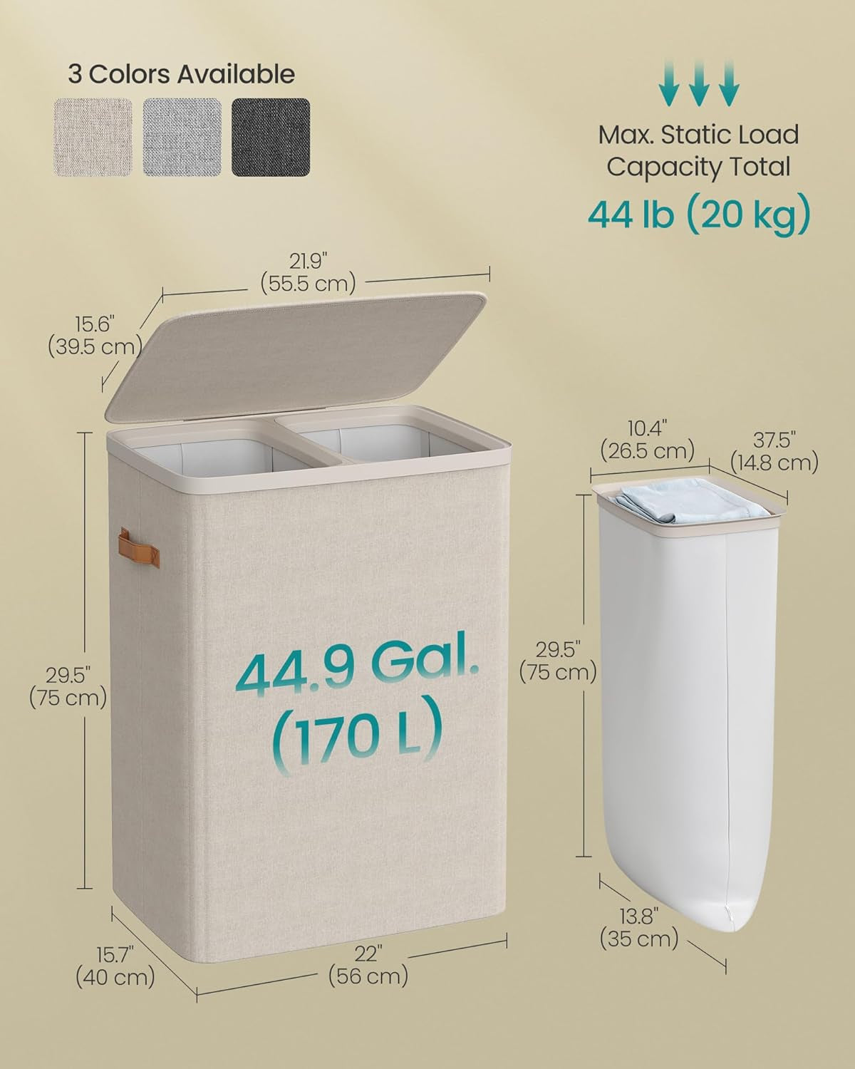 Laundry Basket, 44.9 Gal. Laundry Hamper, 2 Compartments, Easy Assembly, with Lid and Handles, Removable Liners, 22 X 15.7 X 29.5 Inches, Cappuccino Beige ULCB813L01