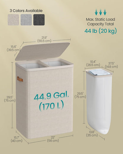 Laundry Basket, 44.9 Gal. Laundry Hamper, 2 Compartments, Easy Assembly, with Lid and Handles, Removable Liners, 22 X 15.7 X 29.5 Inches, Cappuccino Beige ULCB813L01