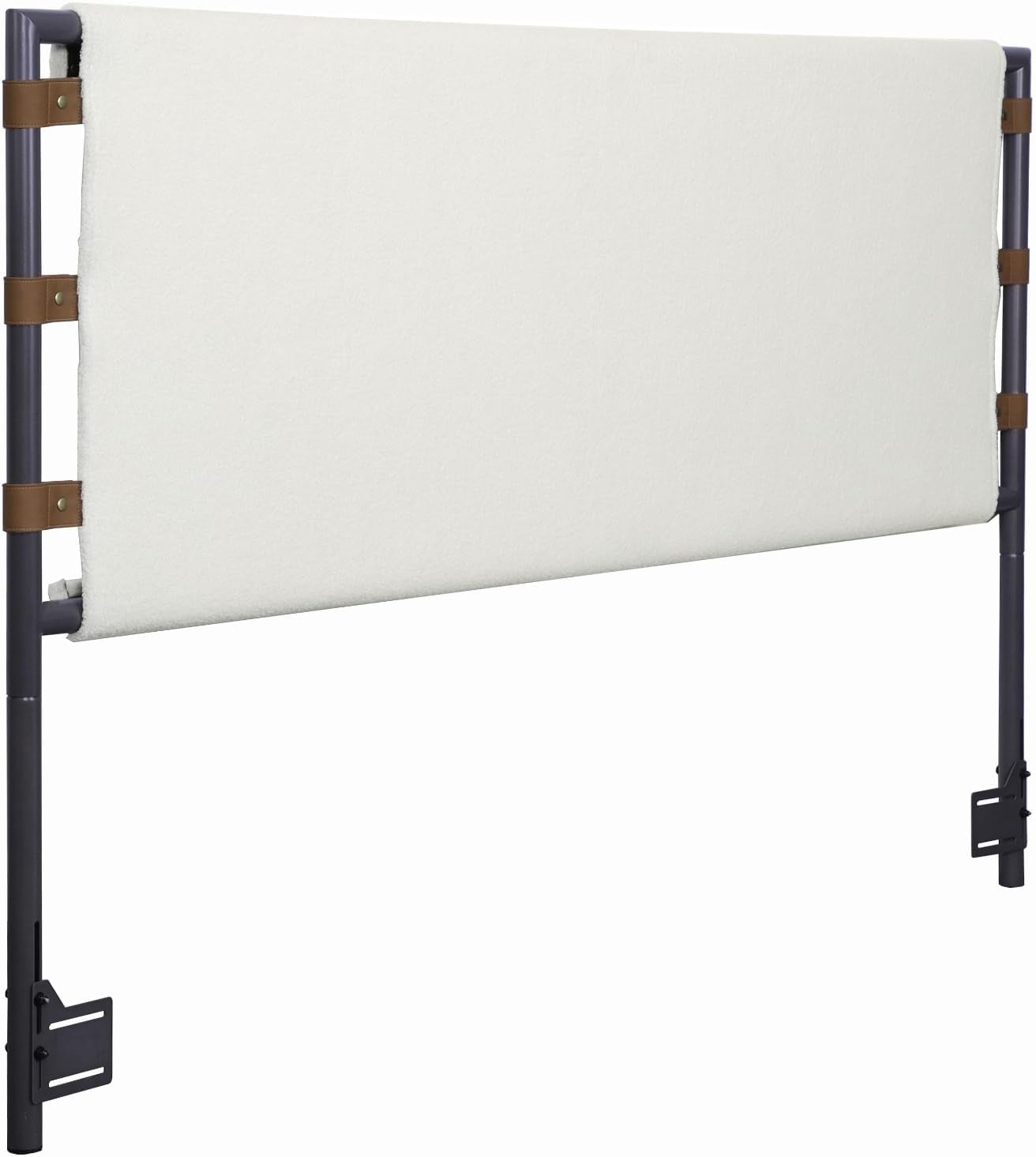Aspen Queen Bed Headboard, Boucle Upholstered Headboard with Leather Straps and Black Matte Metal Frame, White/Black
