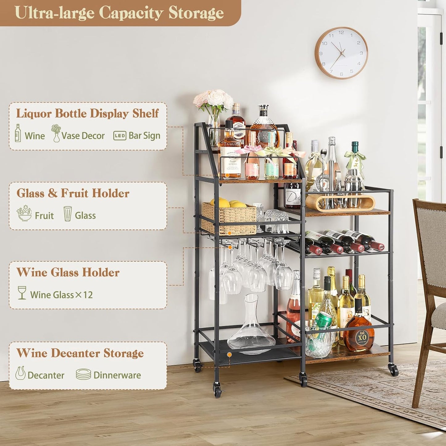 Rolling Bar Cart with Wine Glass Holder, Mini Bar for Whiskey Wine, Liquor Cart for Home, Alcohol Cabinet for Kitchen, Dining Room