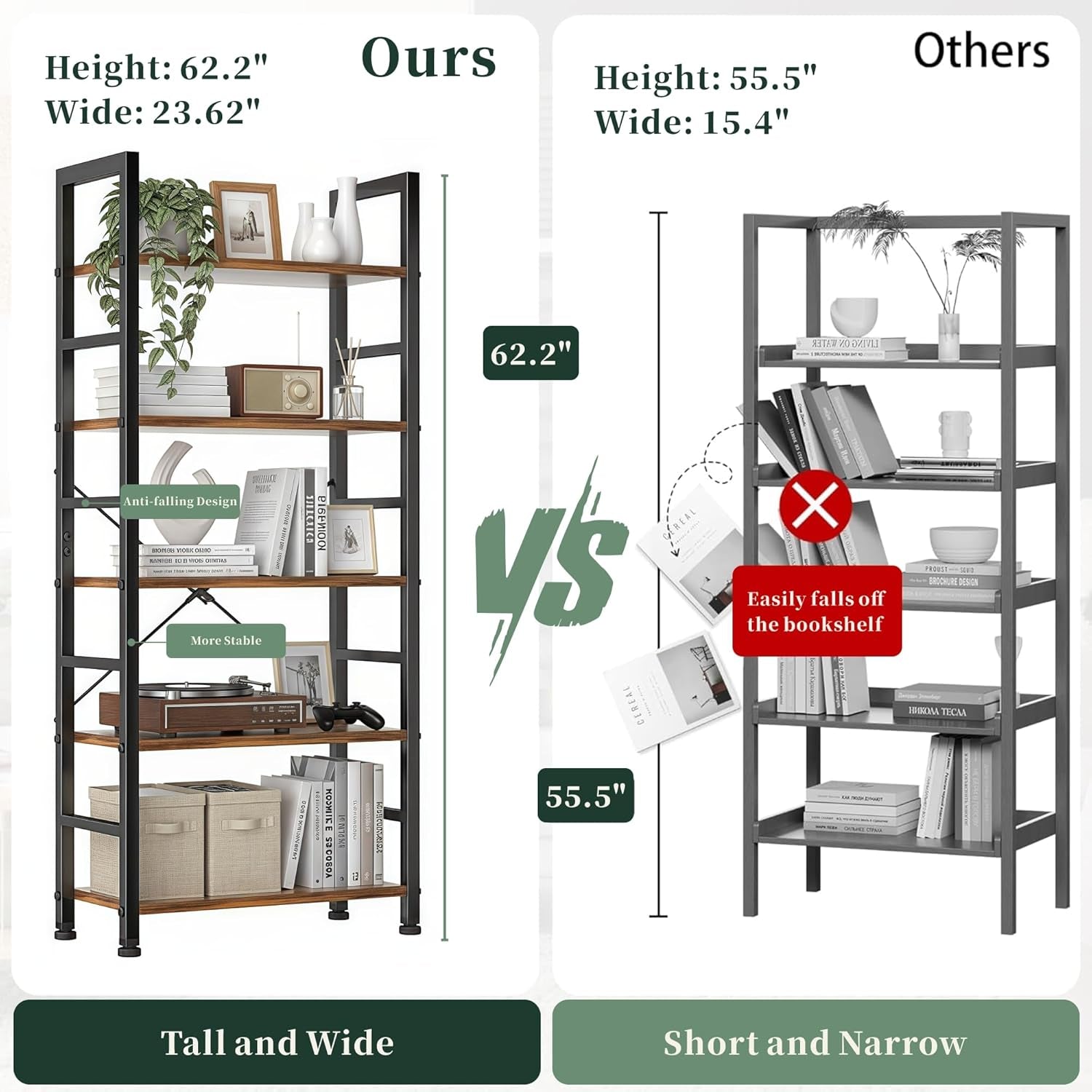 5 Tier Bookshelf, Modern Brown Book Shelves, Tall Bookcase Organizer, Wooden Shelf with Metal Frame Display Shelves, Free Standing Storage Shelving Unit for Living Room, Bedroom, Home Office