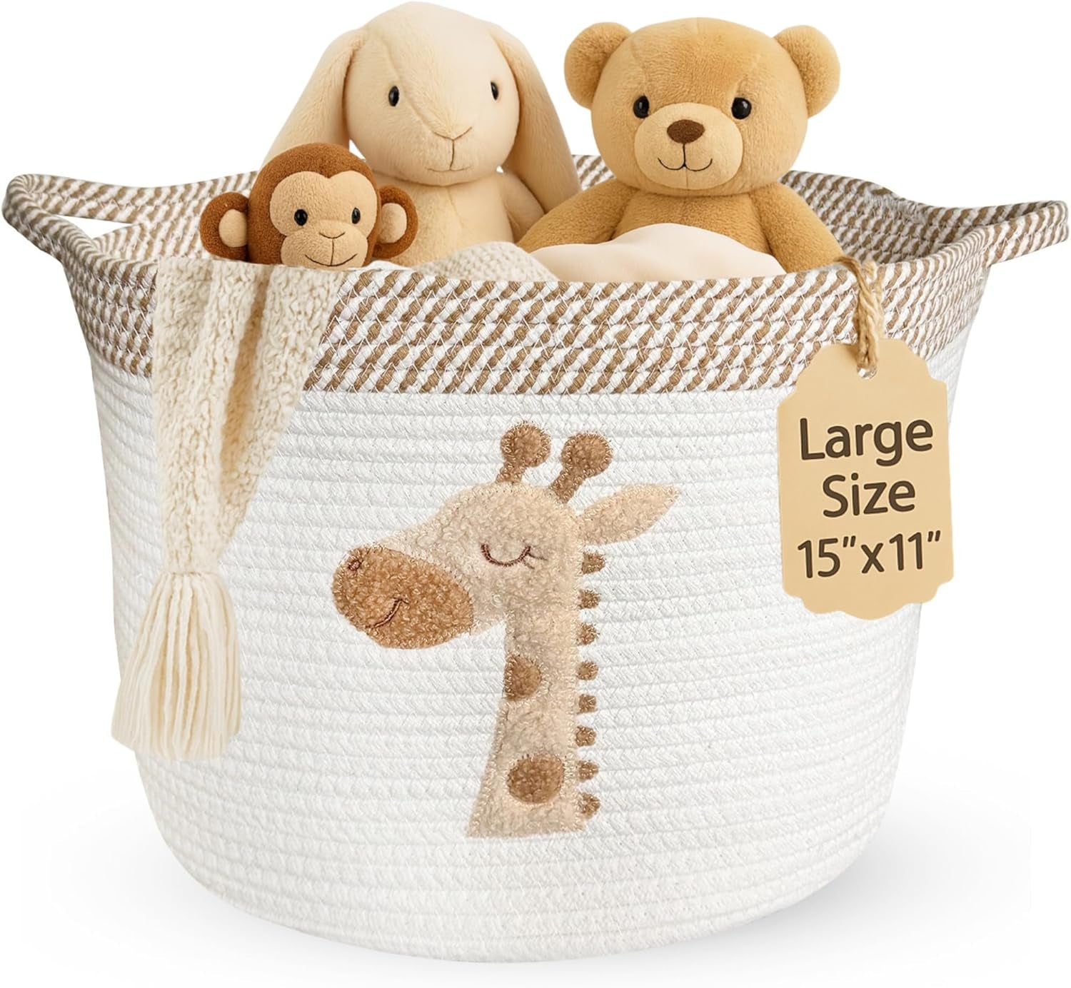 Giraffe Storage Basket for Nursery – Large 15”X11” Cotton Rope Bin with Soft Felt Animal Patch – Toy Organizer, Baby Laundry Hamper, Diaper & Towel Holder – Foldable, Washable & Baby-Safe