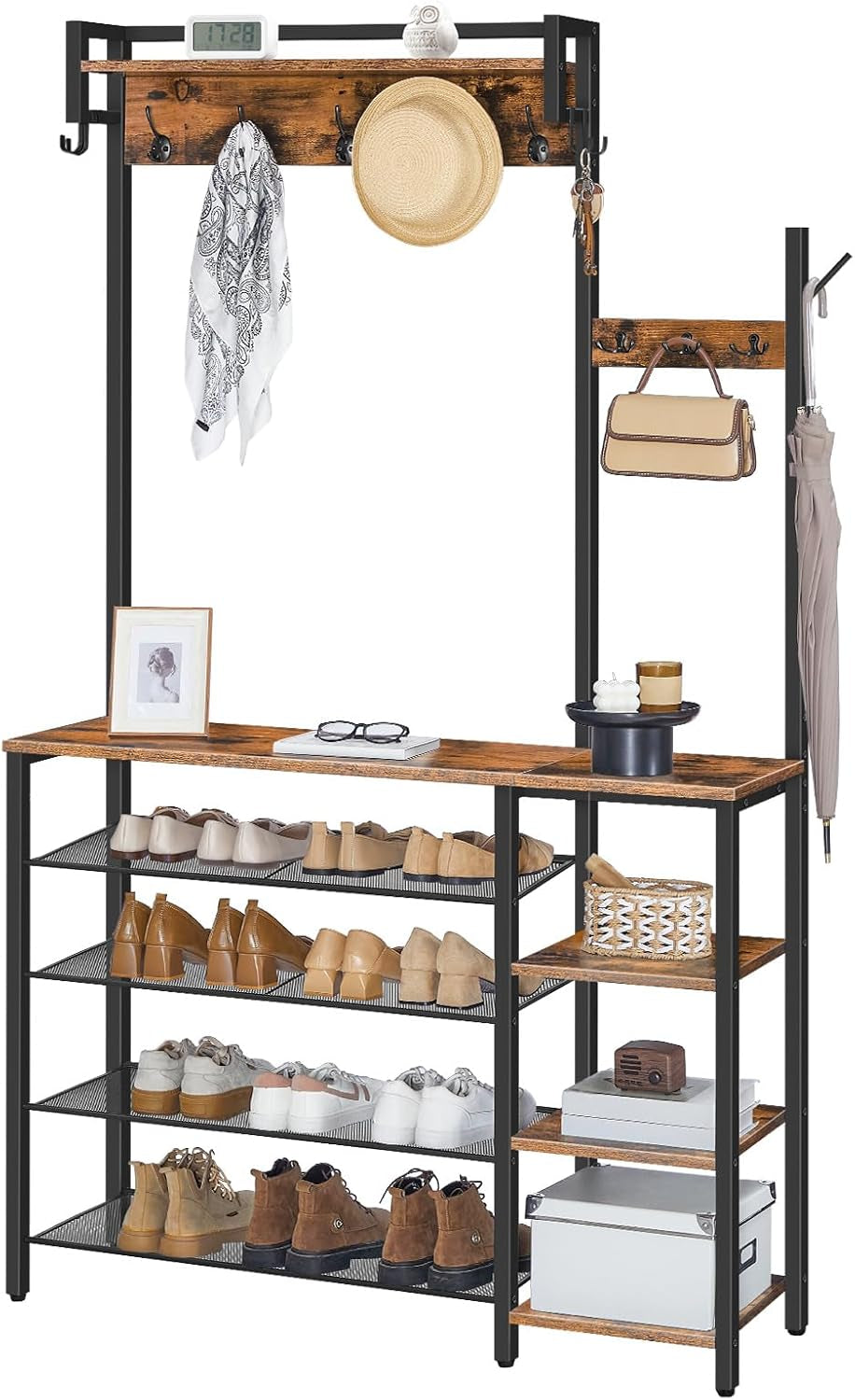 Hall Tree with Bench, Entryway Bench with Coat Rack, Shoe and Coat Rack for Entryway, Coat Rack with Shoe Storage and Reversible Storage Shelves, Rustic Brown BF105MT01