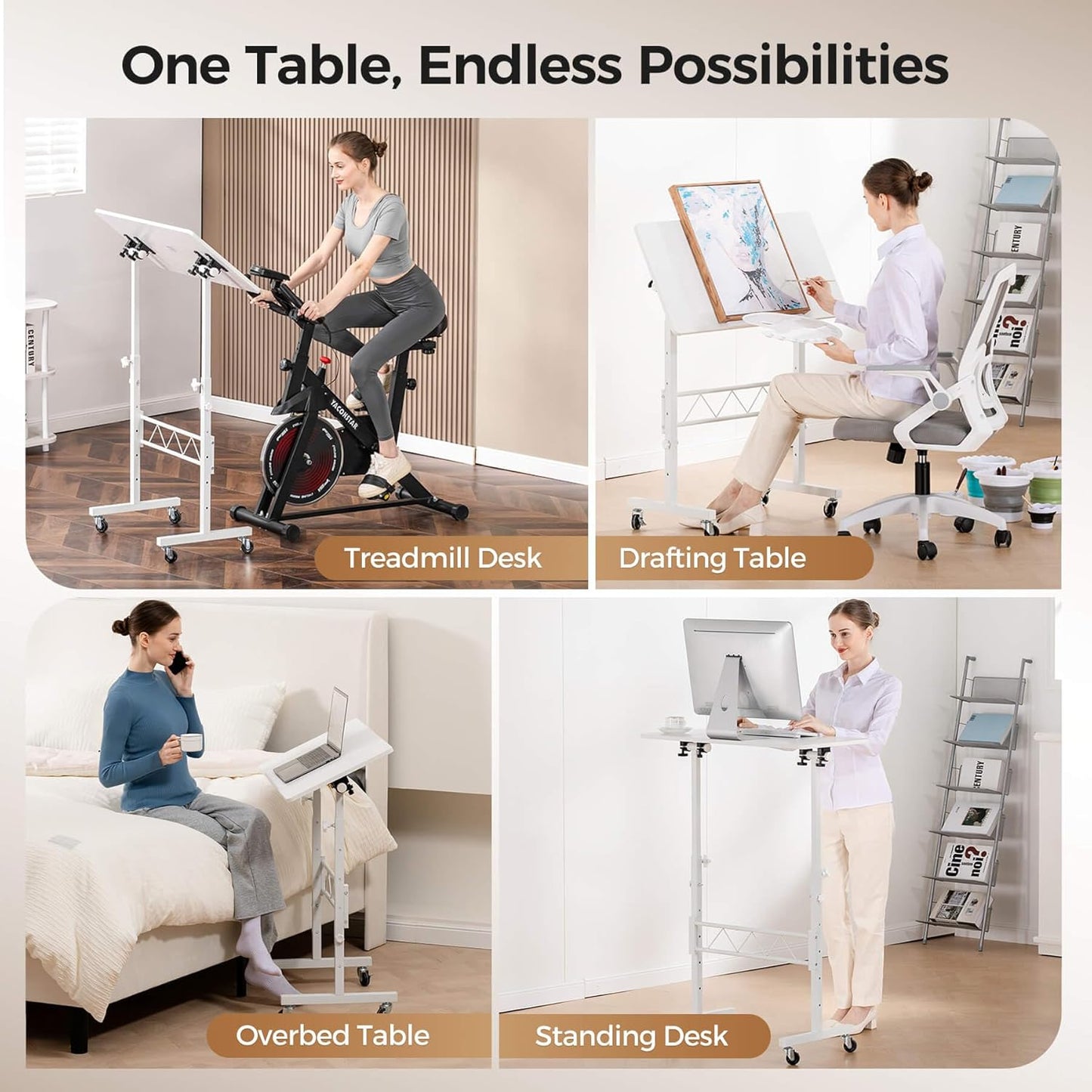 Small Standing Desk Adjustable Height & Tiltable Tabletop, Mobile Stand up Desk for Laptop, Portable Computer Table for Home Office Work and Walking Pad Treadmill, Height 30.7"-46.4", White
