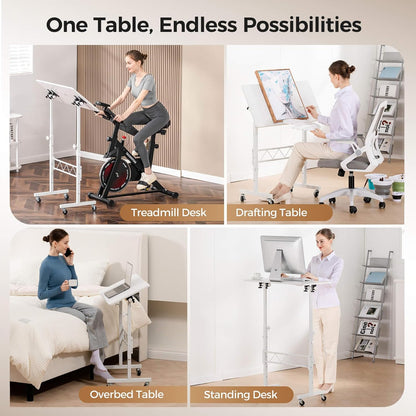 Small Standing Desk Adjustable Height & Tiltable Tabletop, Mobile Stand up Desk for Laptop, Portable Computer Table for Home Office Work and Walking Pad Treadmill, Height 30.7"-46.4", White
