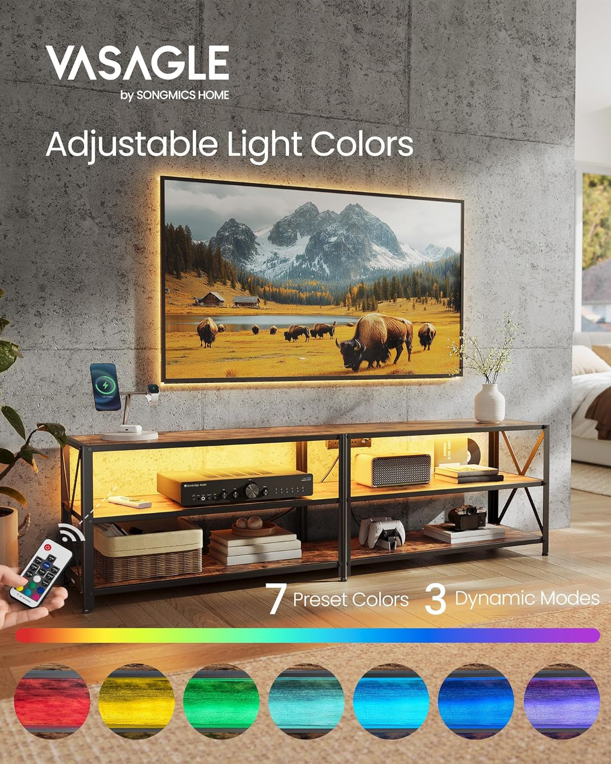 TV Stand with Power Outlets and LED Lights, for Tvs up to 75 Inches, Entertainment Center with Open Storage Shelves, TV Console Table for Living Room, Rustic Brown and Ink Black ULTV119K01